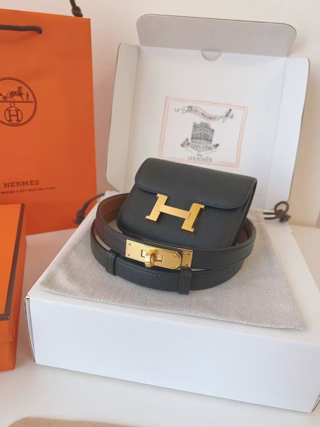 HERMES KELLY CONSTANCE SLIM WALLET BELT IN BLACK CALFSKIN GOLD HARDWARE