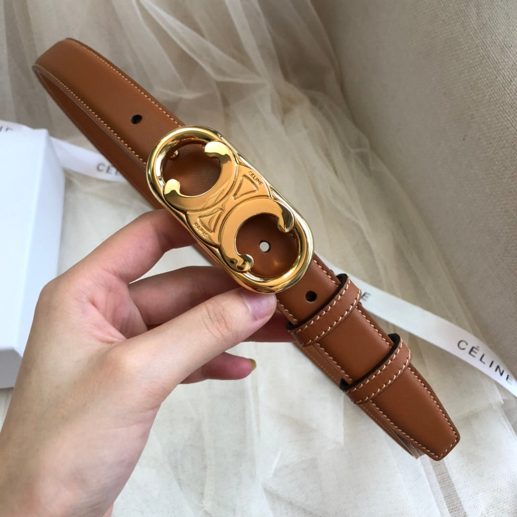CELINE 25S TRIOMPHE BELT 25MM IN CARAMEL CALFSKIN GOLD HARDWARE 585858