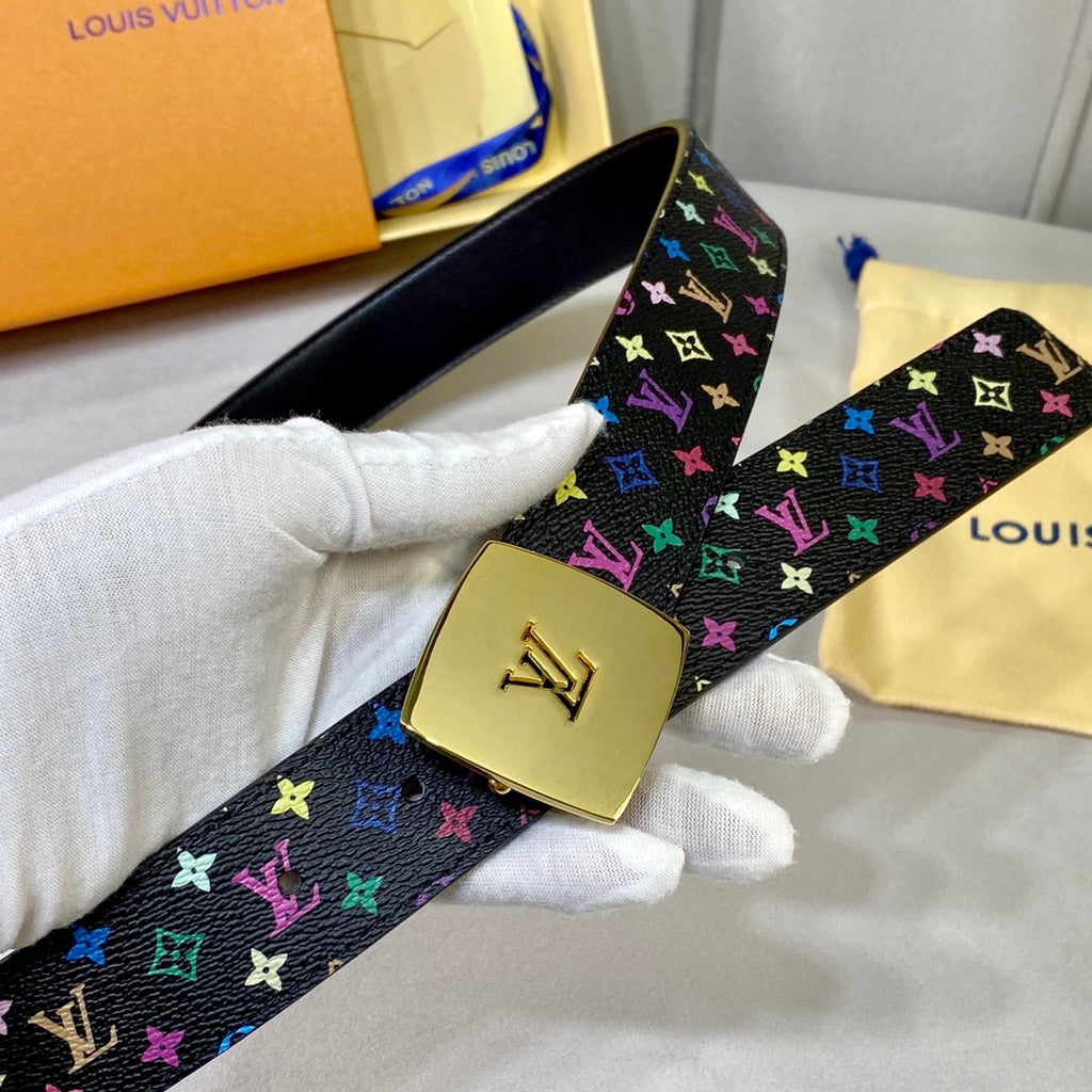 LOUIS VUITTON LV 35 MM BELT MULTICOLOR MIX BLACK MONOGRAM CALFSKIN GOLD HARDWARE