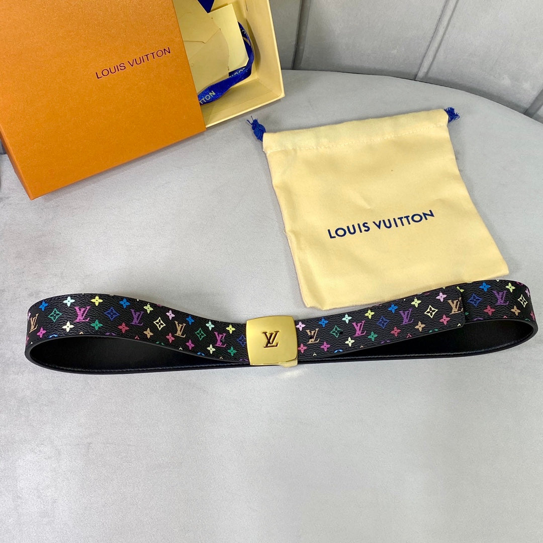 LOUIS VUITTON LV 35 MM BELT MULTICOLOR MIX BLACK MONOGRAM CALFSKIN GOLD HARDWARE