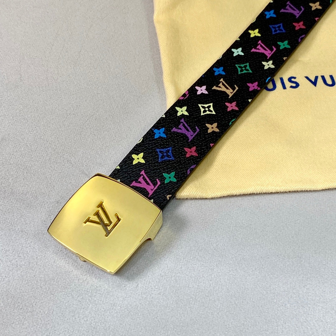 LOUIS VUITTON LV 35 MM BELT MULTICOLOR MIX BLACK MONOGRAM CALFSKIN GOLD HARDWARE