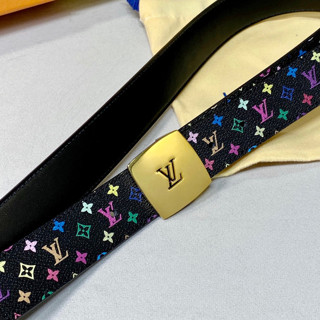 LOUIS VUITTON LV 35 MM BELT MULTICOLOR MIX BLACK MONOGRAM CALFSKIN GOLD HARDWARE