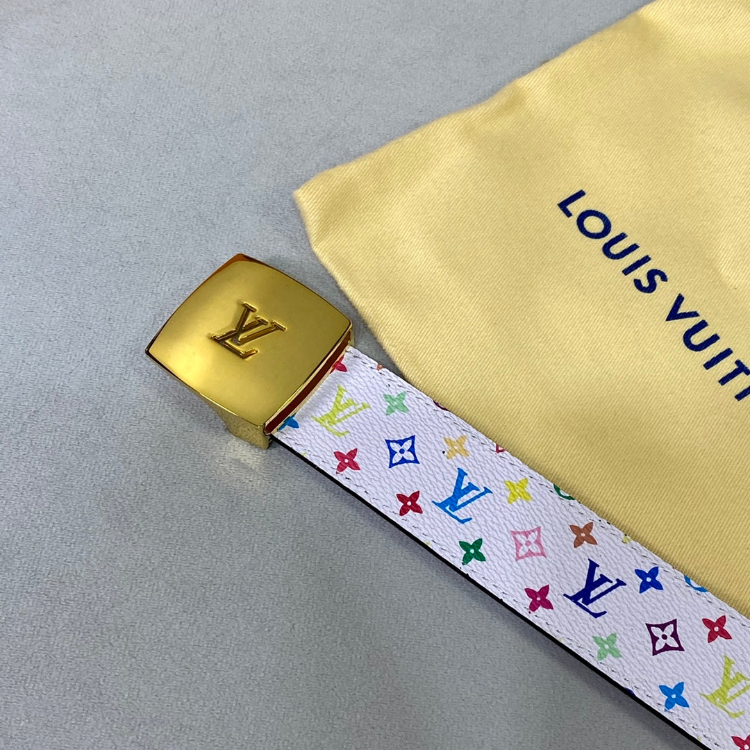 LOUIS VUITTON LV 35 MM BELT MULTICOLOR WHITE MIX LIGHT PINK MONOGRAM CALFSKIN GOLD HARDWARE