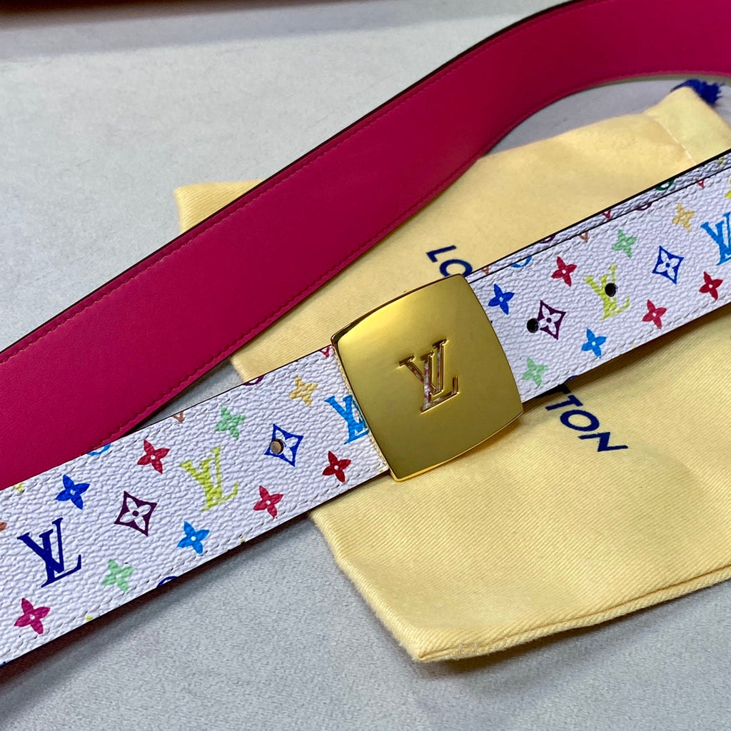 LOUIS VUITTON LV 35 MM BELT MULTICOLOR WHITE MIX LIGHT PINK MONOGRAM CALFSKIN GOLD HARDWARE
