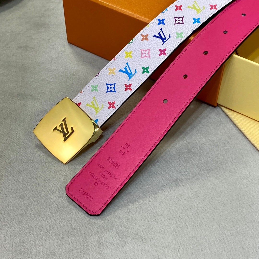 LOUIS VUITTON LV 35 MM BELT MULTICOLOR WHITE MIX LIGHT PINK MONOGRAM CALFSKIN GOLD HARDWARE