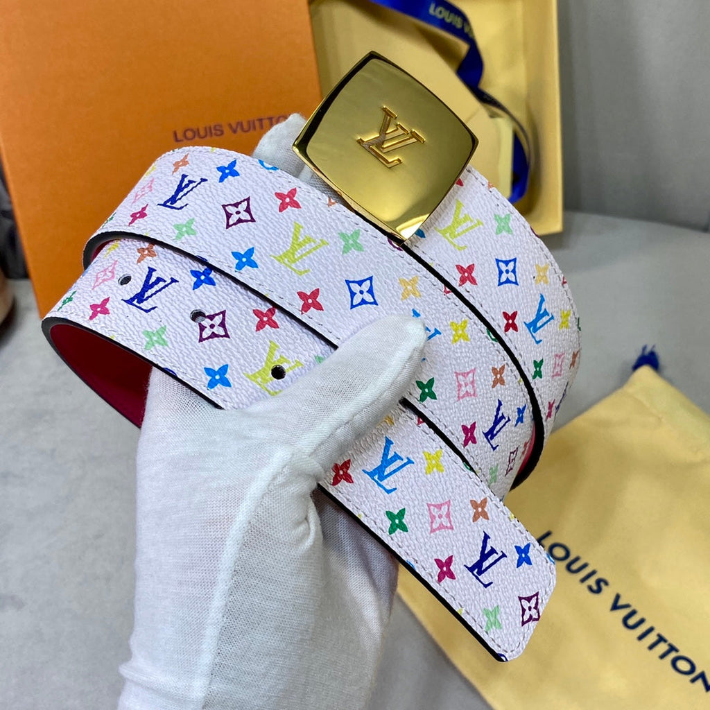 LOUIS VUITTON LV 35 MM BELT MULTICOLOR WHITE MIX LIGHT PINK MONOGRAM CALFSKIN GOLD HARDWARE