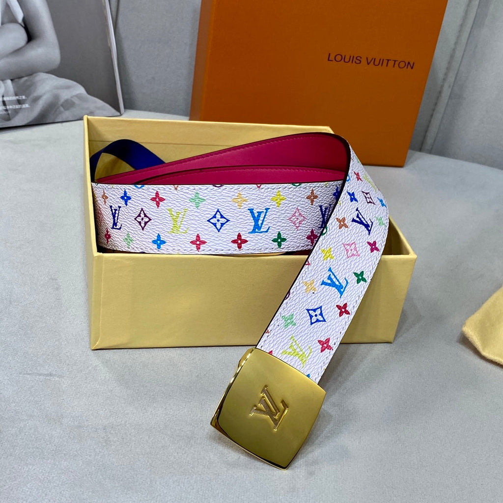LOUIS VUITTON LV 35 MM BELT MULTICOLOR WHITE MIX LIGHT PINK MONOGRAM CALFSKIN GOLD HARDWARE