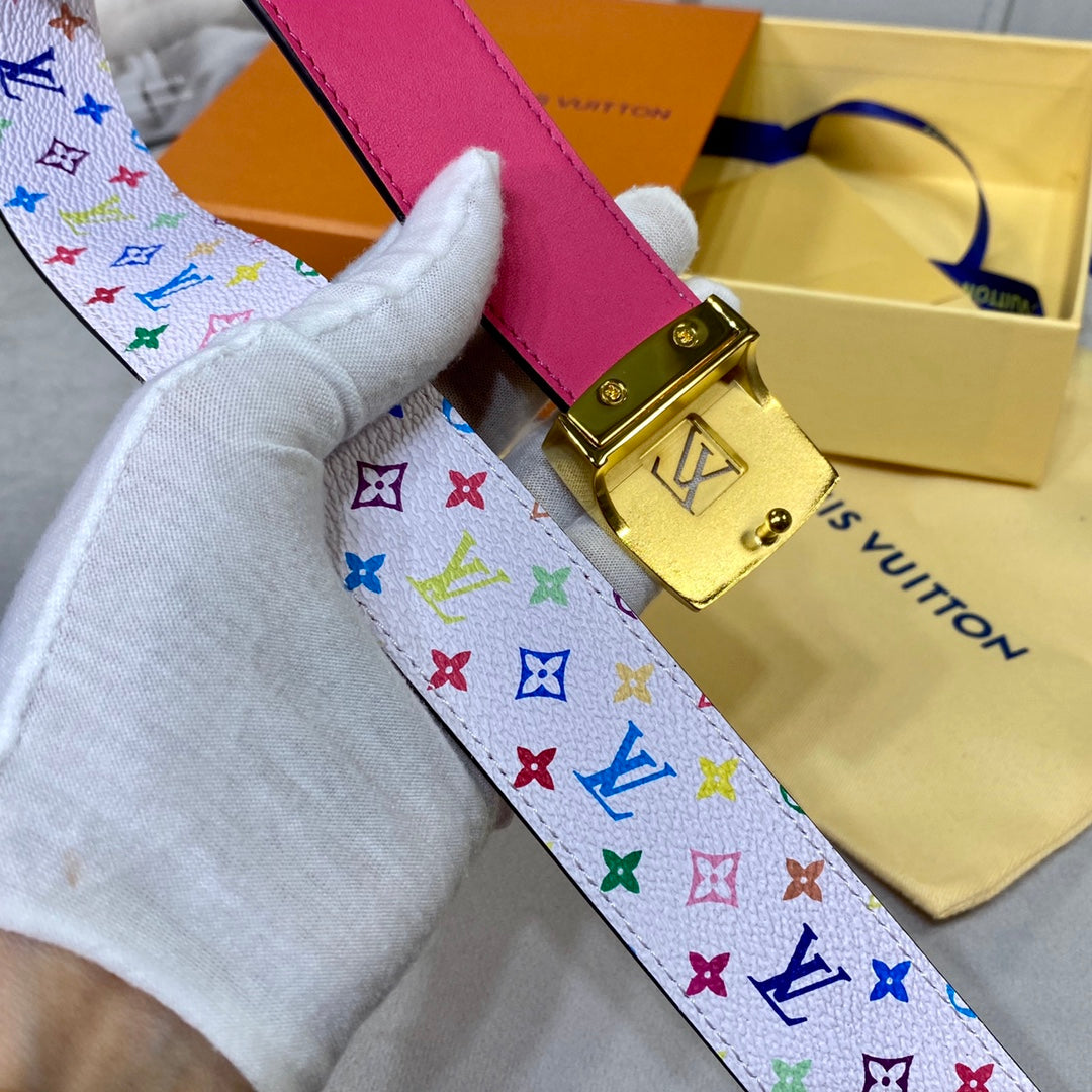 LOUIS VUITTON LV 35 MM BELT MULTICOLOR WHITE MIX LIGHT PINK MONOGRAM CALFSKIN GOLD HARDWARE