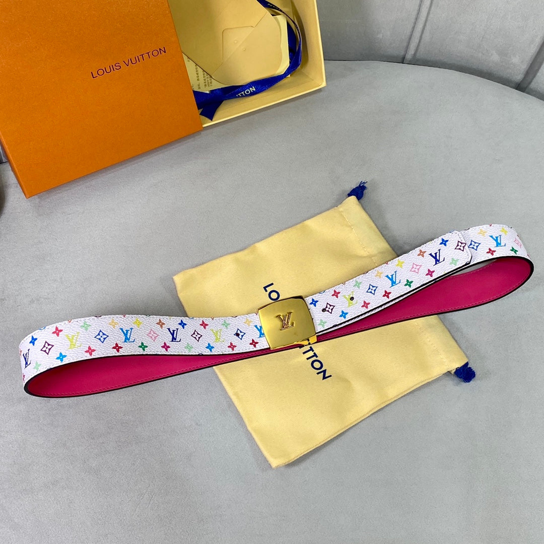 LOUIS VUITTON LV 35 MM BELT MULTICOLOR WHITE MIX LIGHT PINK MONOGRAM CALFSKIN GOLD HARDWARE