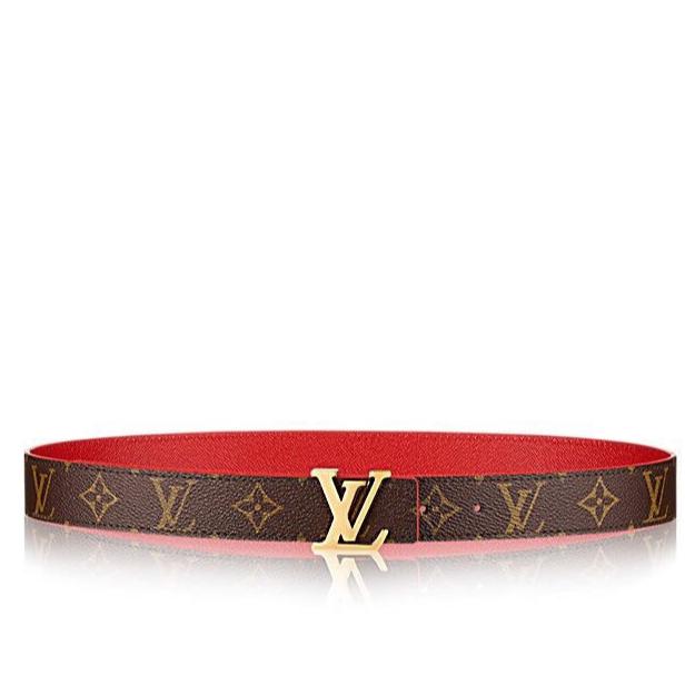 LOUIS VUITTON LV INITIALES 30 MM REVERSIBLE BELT IN BROWN MONOGRAM AND CHERRY RED CALFSKIN GOLD HARDWARE