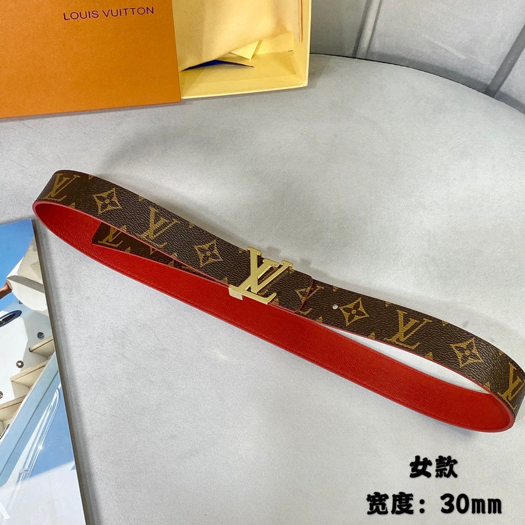 LOUIS VUITTON LV INITIALES 30 MM REVERSIBLE BELT IN BROWN MONOGRAM AND CHERRY RED CALFSKIN GOLD HARDWARE
