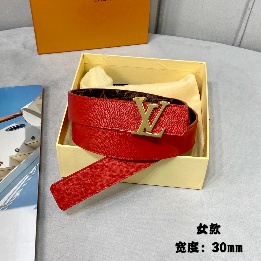 LOUIS VUITTON LV INITIALES 30 MM REVERSIBLE BELT IN BROWN MONOGRAM AND CHERRY RED CALFSKIN GOLD HARDWARE
