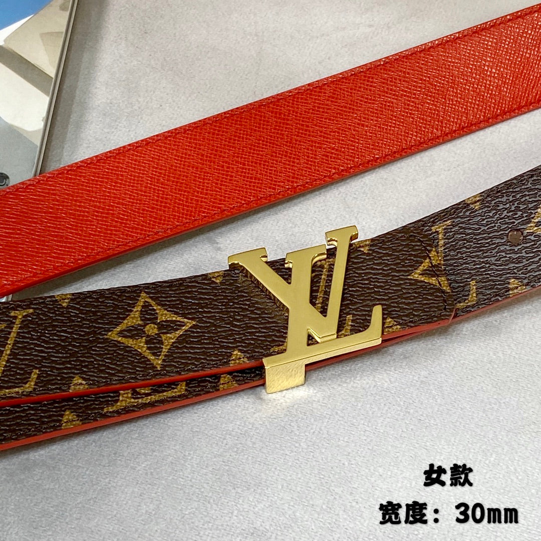 LOUIS VUITTON LV INITIALES 30 MM REVERSIBLE BELT IN BROWN MONOGRAM AND CHERRY RED CALFSKIN GOLD HARDWARE