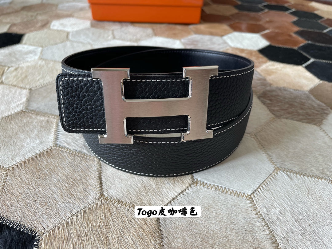 HERMES CONSTANCE BELT BUCKLE & REVERSIBLE BLACK LEATHER STRAP 38MM SILVER HARDWARE