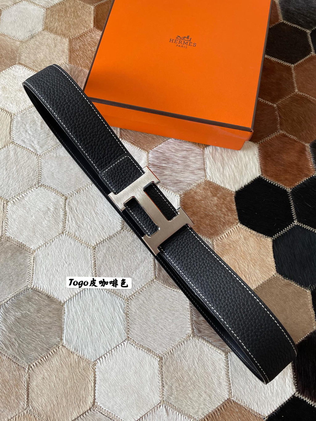 HERMES CONSTANCE BELT BUCKLE & REVERSIBLE BLACK LEATHER STRAP 38MM SILVER HARDWARE