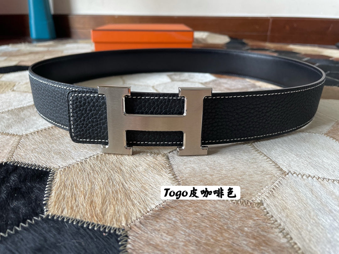 HERMES CONSTANCE BELT BUCKLE & REVERSIBLE BLACK LEATHER STRAP 38MM SILVER HARDWARE