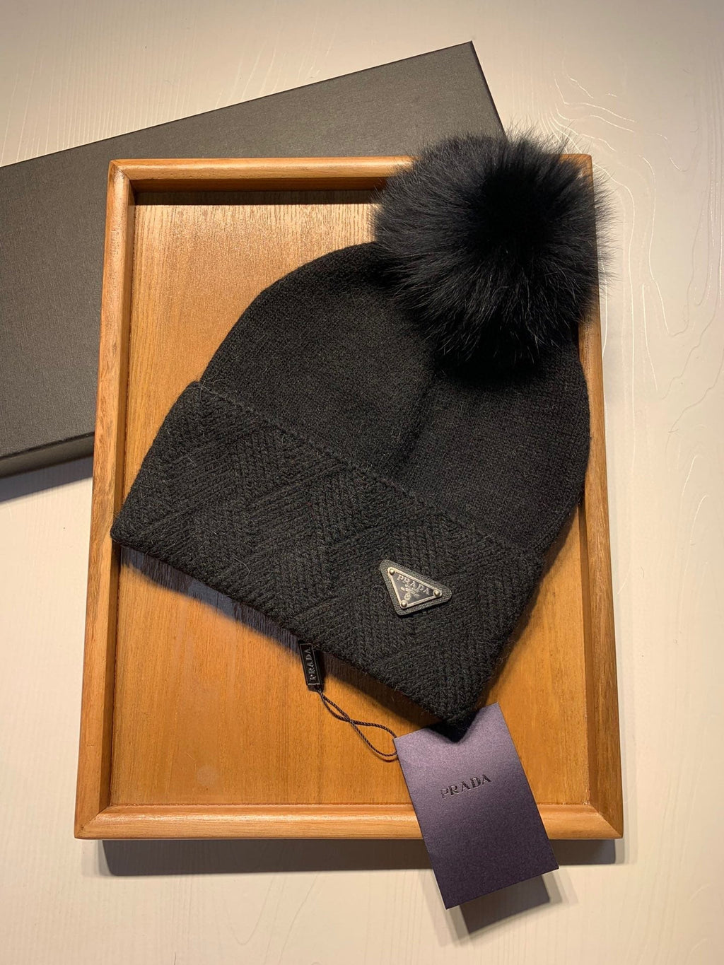PRADA BEANIE HAT IN BLACK WOOL AND RABBIT FUR 361438