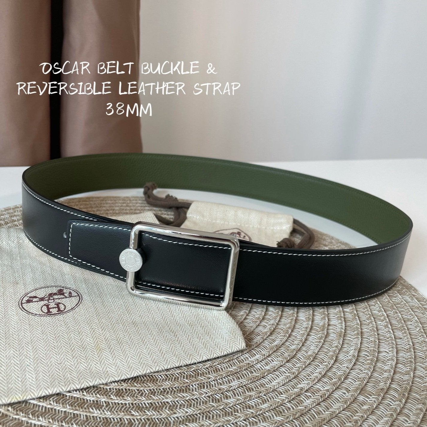 HERMES OSCAR BELT BUCKLE & REVERSIBLE OLIVE GREEN AND BLACK LEATHER STRAP 38MM SILVER HARDWARE