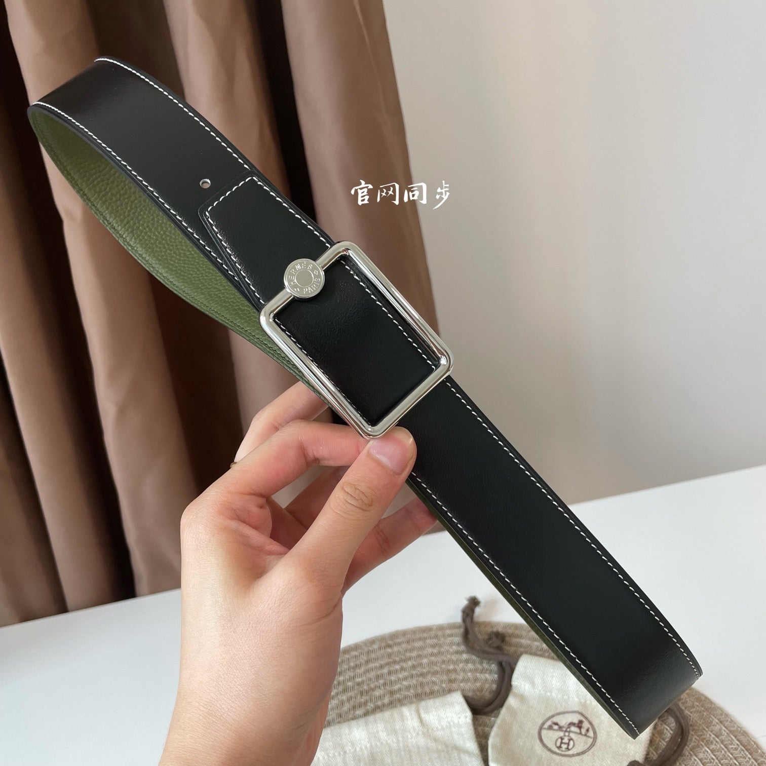 HERMES OSCAR BELT BUCKLE & REVERSIBLE OLIVE GREEN AND BLACK LEATHER STRAP 38MM SILVER HARDWARE