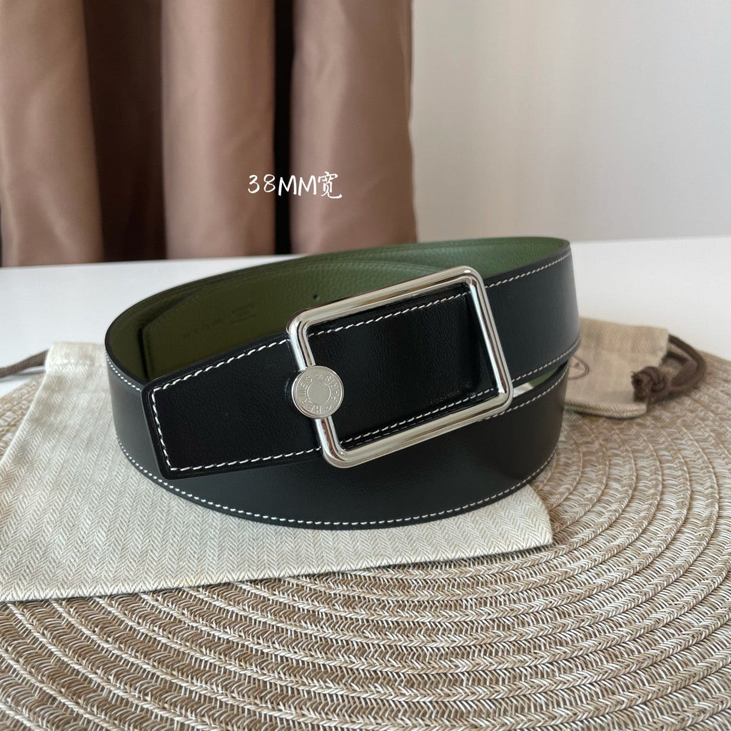 HERMES OSCAR BELT BUCKLE & REVERSIBLE OLIVE GREEN AND BLACK LEATHER STRAP 38MM SILVER HARDWARE