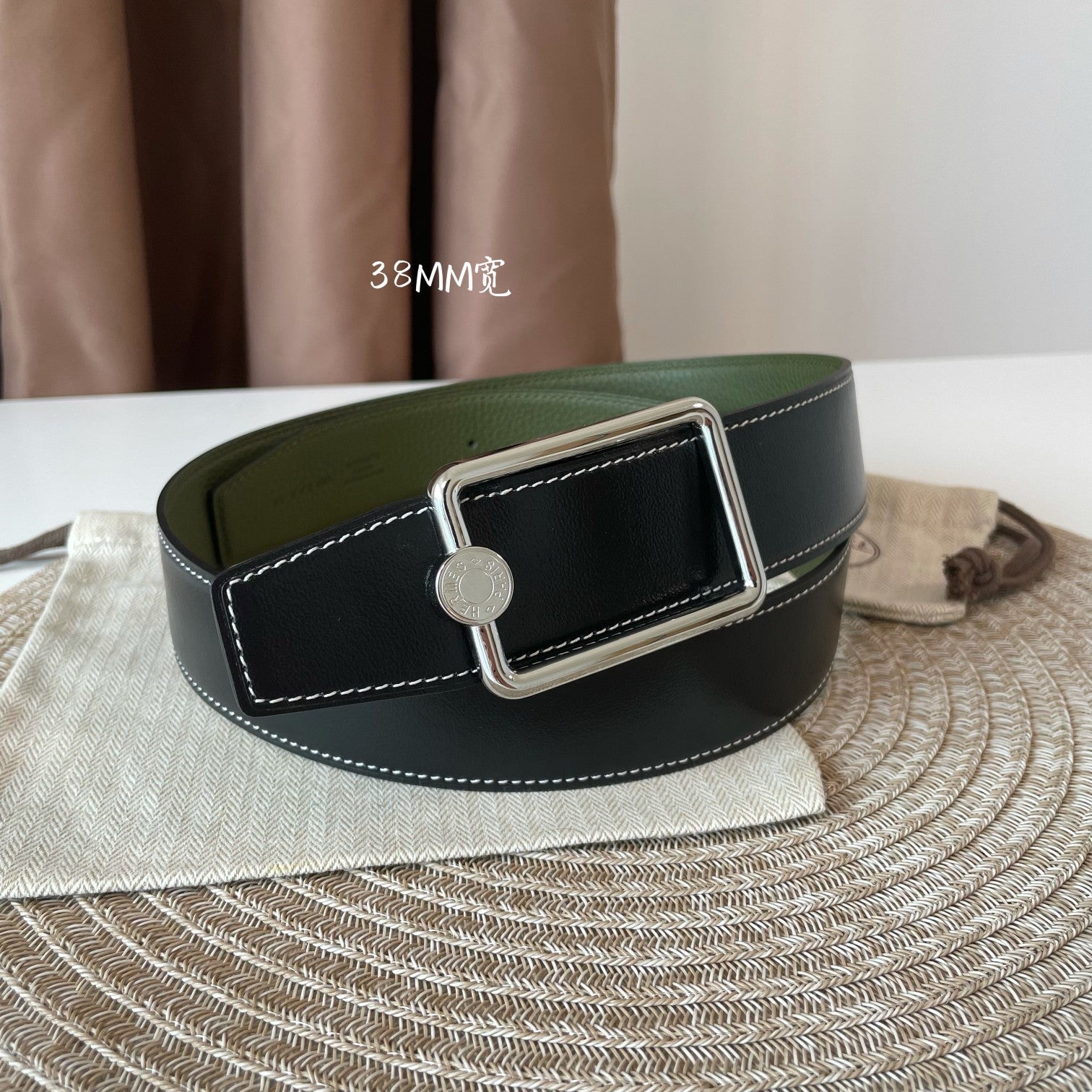 HERMES OSCAR BELT BUCKLE & REVERSIBLE OLIVE GREEN AND BLACK LEATHER STRAP 38MM SILVER HARDWARE