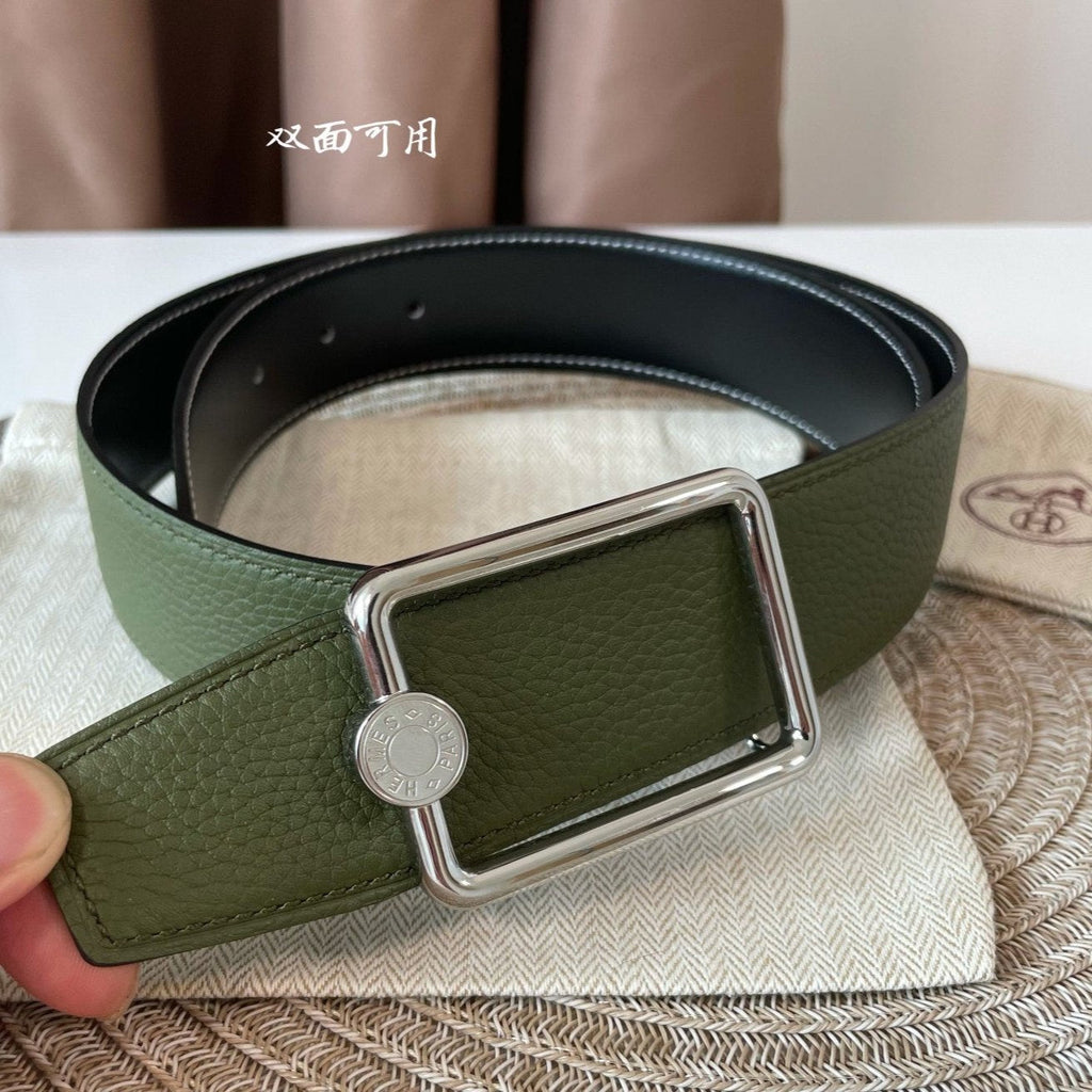 HERMES OSCAR BELT BUCKLE & REVERSIBLE OLIVE GREEN AND BLACK LEATHER STRAP 38MM SILVER HARDWARE