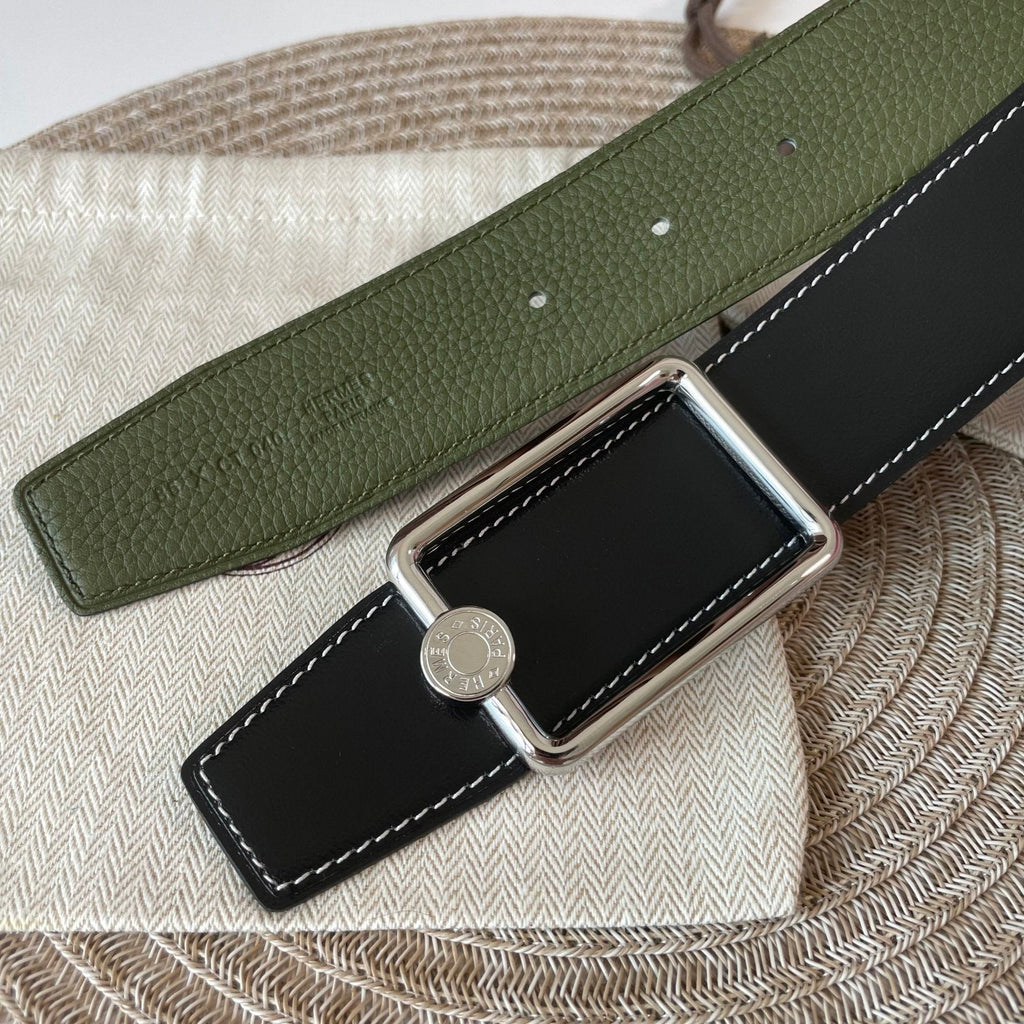 HERMES OSCAR BELT BUCKLE & REVERSIBLE OLIVE GREEN AND BLACK LEATHER STRAP 38MM SILVER HARDWARE