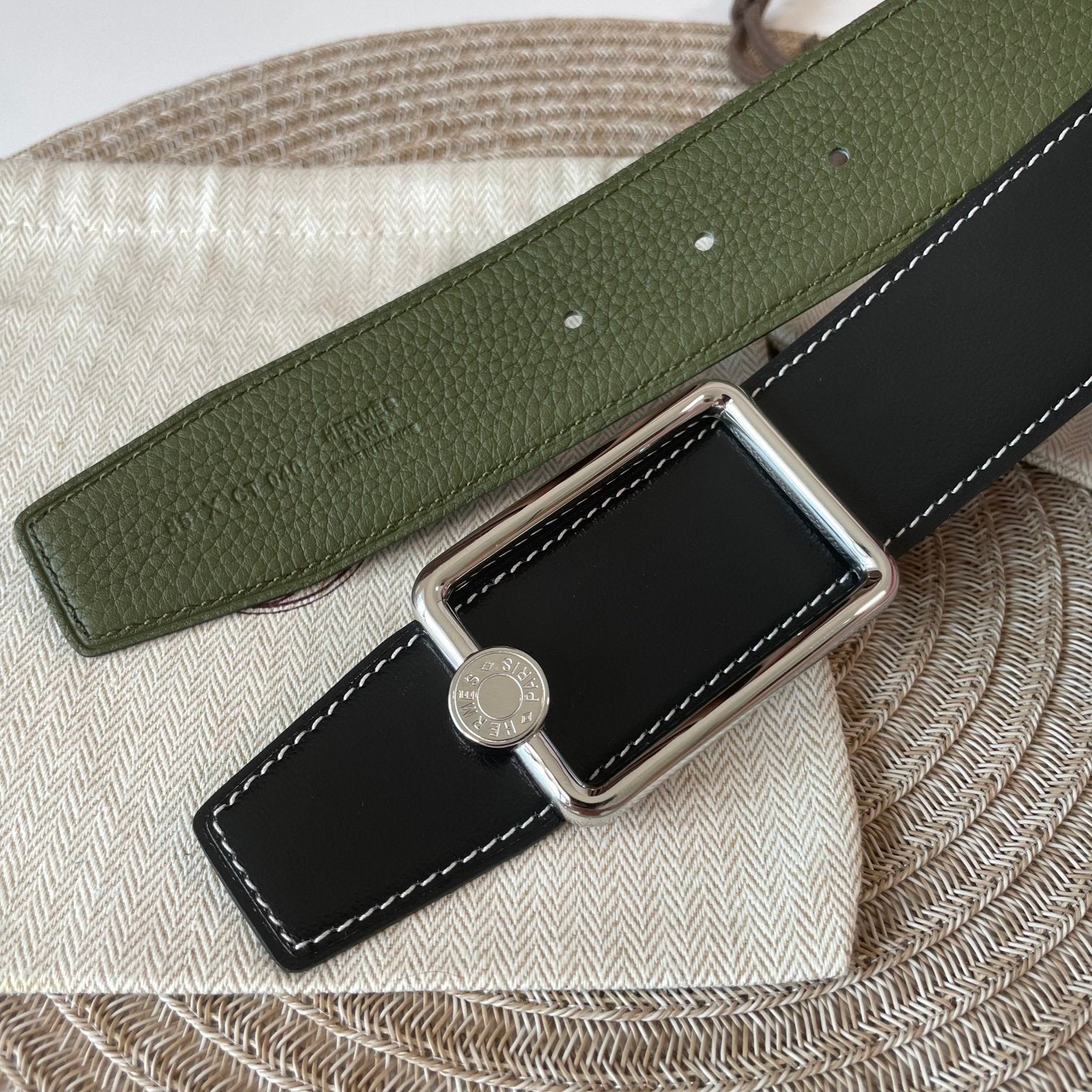 HERMES OSCAR BELT BUCKLE & REVERSIBLE OLIVE GREEN AND BLACK LEATHER STRAP 38MM SILVER HARDWARE