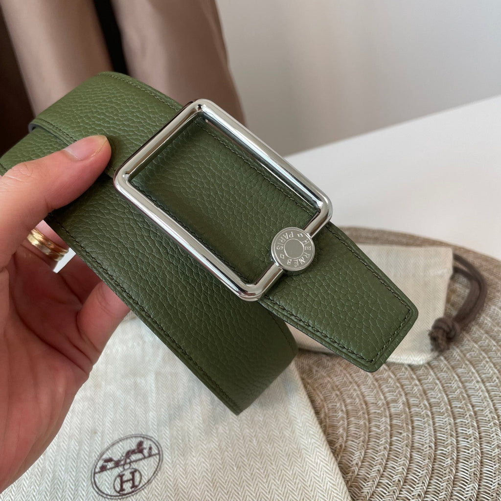 HERMES OSCAR BELT BUCKLE & REVERSIBLE OLIVE GREEN AND BLACK LEATHER STRAP 38MM SILVER HARDWARE