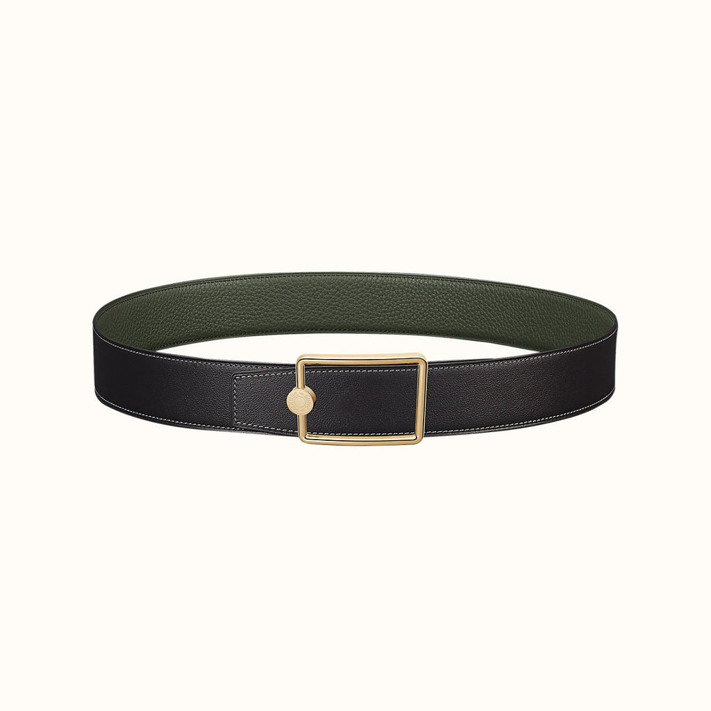 HERMES OSCAR BELT BUCKLE & REVERSIBLE OLIVE GREEN LEATHER STRAP 38MM GOLD HARDWARE