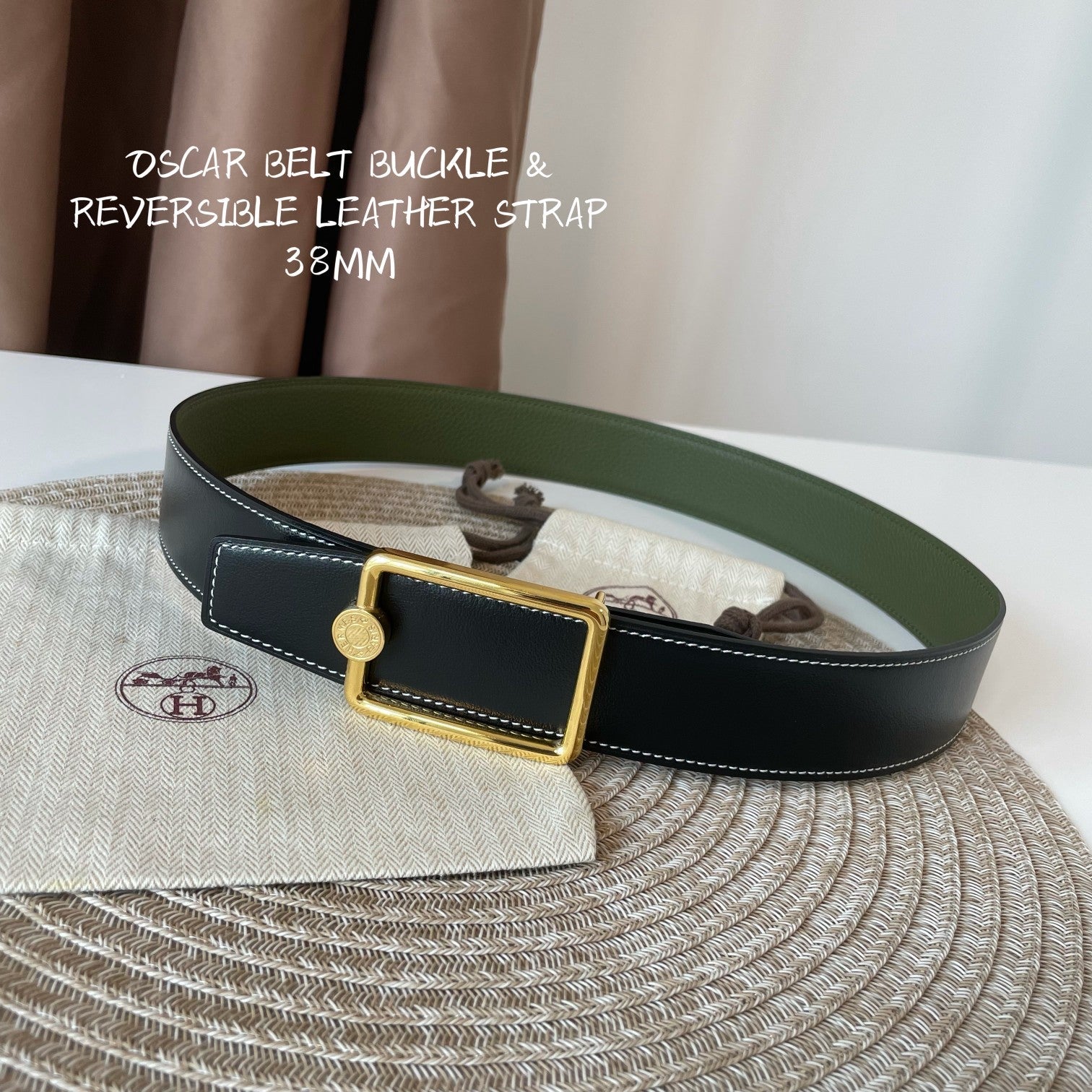 HERMES OSCAR BELT BUCKLE & REVERSIBLE OLIVE GREEN LEATHER STRAP 38MM GOLD HARDWARE