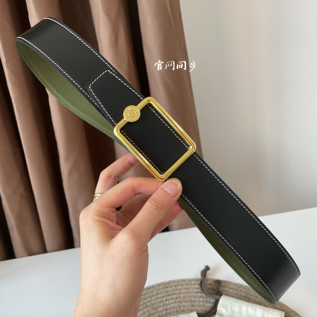 HERMES OSCAR BELT BUCKLE & REVERSIBLE OLIVE GREEN LEATHER STRAP 38MM GOLD HARDWARE
