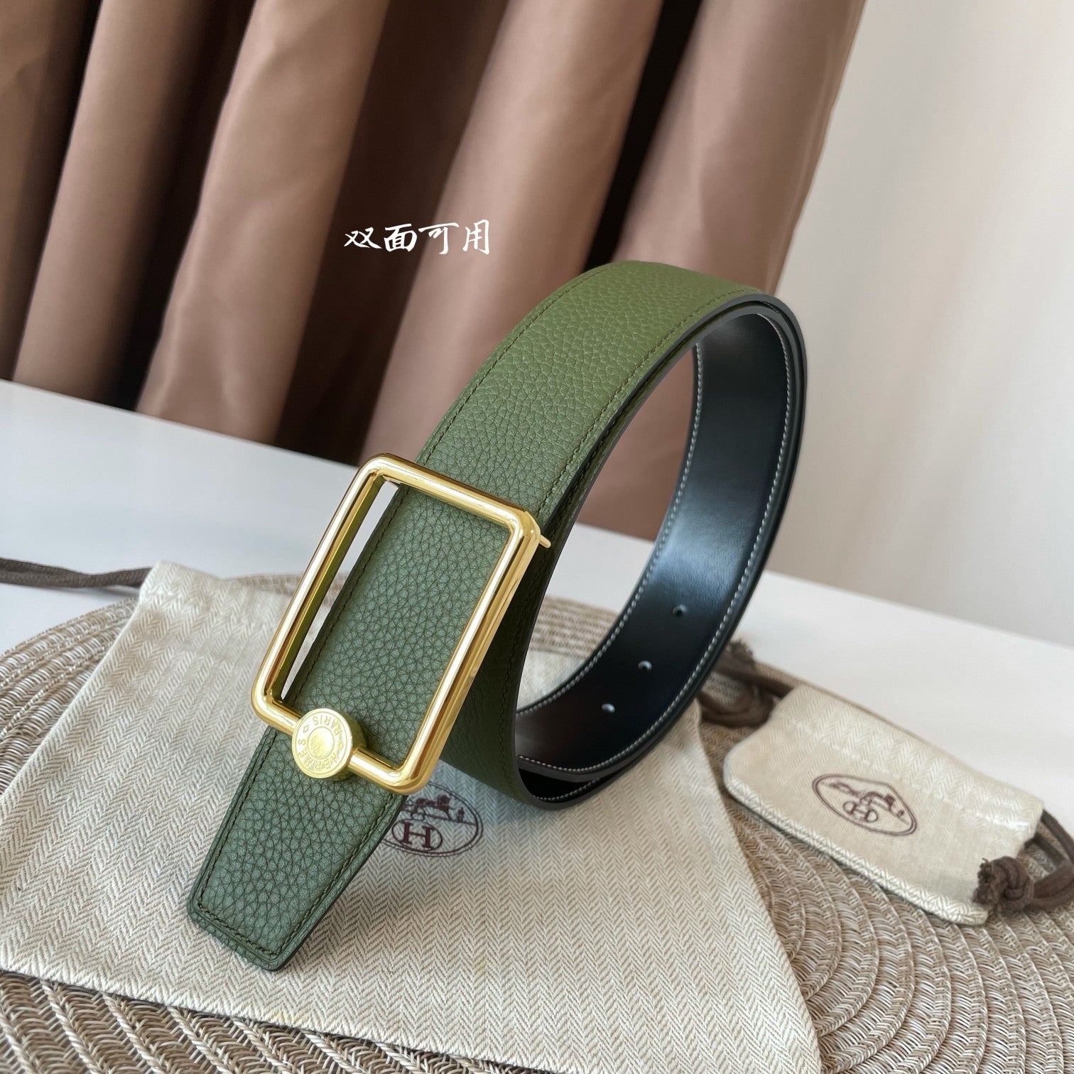 HERMES OSCAR BELT BUCKLE & REVERSIBLE OLIVE GREEN LEATHER STRAP 38MM GOLD HARDWARE