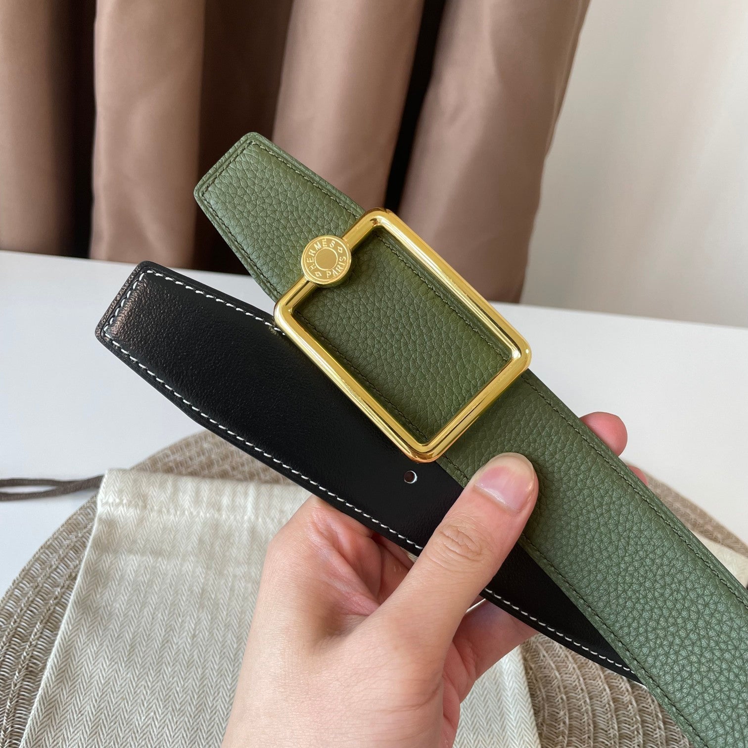 HERMES OSCAR BELT BUCKLE & REVERSIBLE OLIVE GREEN LEATHER STRAP 38MM GOLD HARDWARE