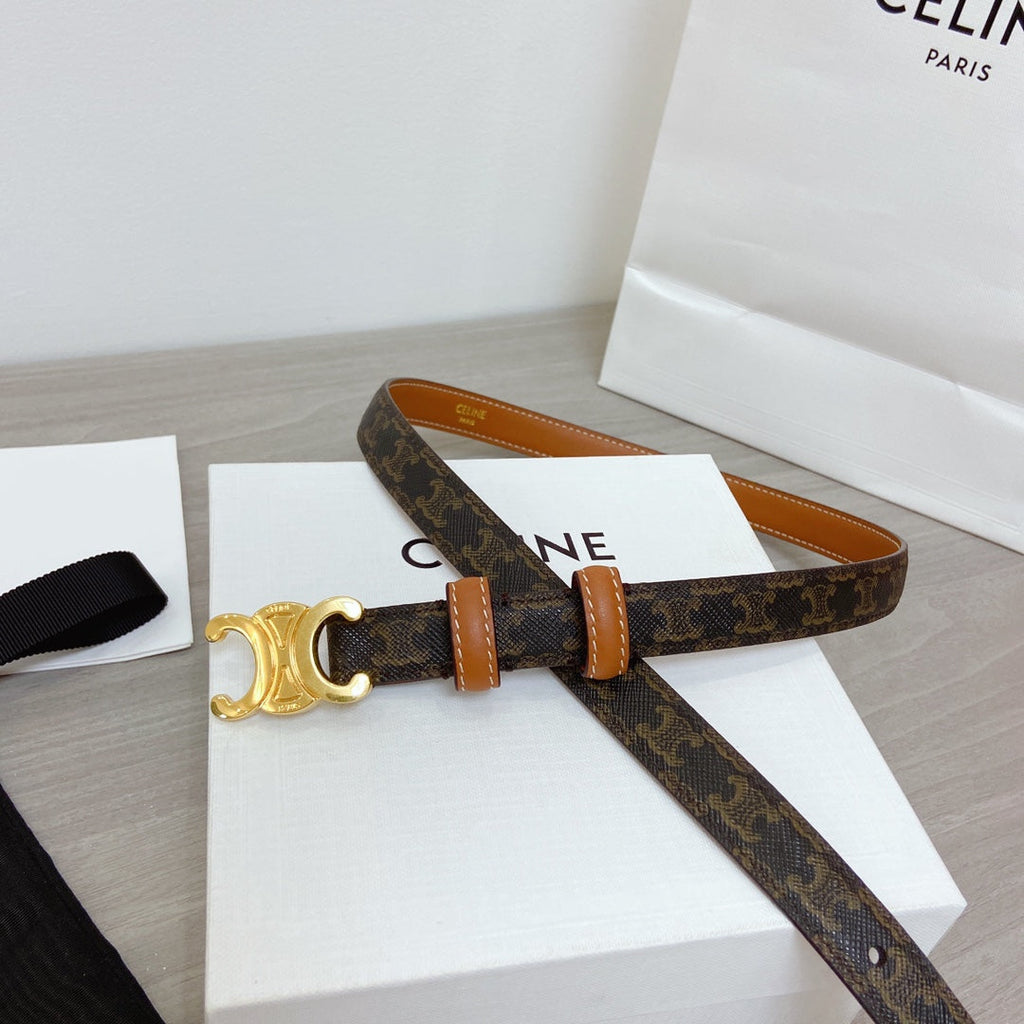 CELINE TRIOMPHE 18MM REVERSIBLE IN DARK BROWN MONOGRAM CALFSKIN AND BROWN CALFSKIN WITH GOLD BUCKLE