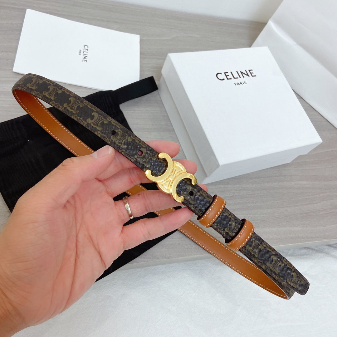 CELINE TRIOMPHE 18MM REVERSIBLE IN DARK BROWN MONOGRAM CALFSKIN AND BROWN CALFSKIN WITH GOLD BUCKLE