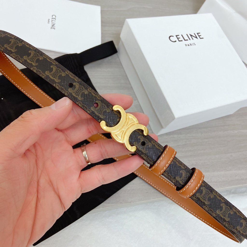 CELINE TRIOMPHE 18MM REVERSIBLE IN DARK BROWN MONOGRAM CALFSKIN AND BROWN CALFSKIN WITH GOLD BUCKLE
