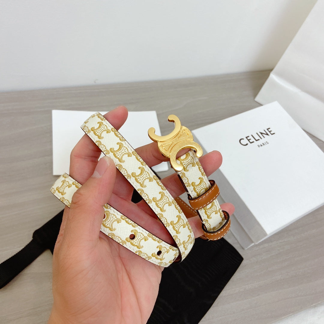 CELINE TRIOMPHE BELT 18MM REVERSIBLE IN WHITE CALFSKIN WITH GOLD MONOGRAM PRINT AND BROWN CALFSKIN WITH GOLD BUCKLE