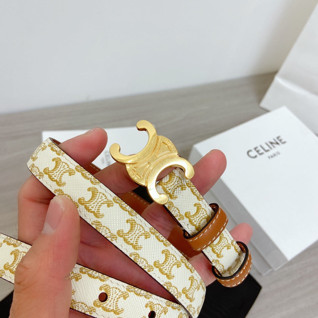 CELINE TRIOMPHE BELT 18MM REVERSIBLE IN WHITE CALFSKIN WITH GOLD MONOGRAM PRINT AND BROWN CALFSKIN WITH GOLD BUCKLE
