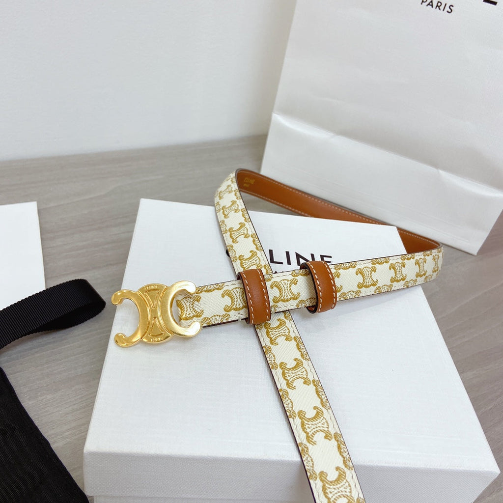 CELINE TRIOMPHE BELT 18MM REVERSIBLE IN WHITE CALFSKIN WITH GOLD MONOGRAM PRINT AND BROWN CALFSKIN WITH GOLD BUCKLE