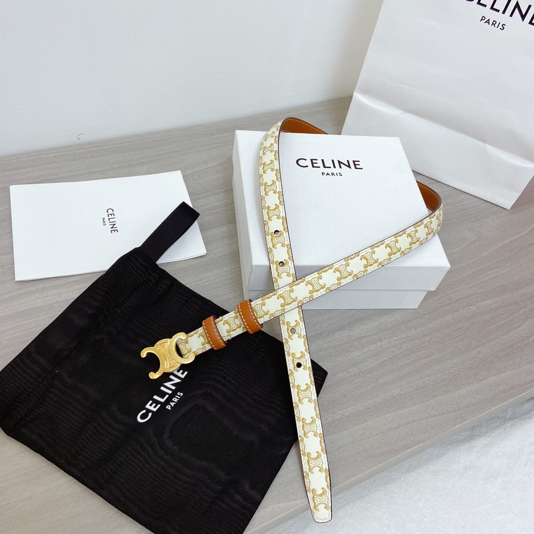 CELINE TRIOMPHE BELT 18MM REVERSIBLE IN WHITE CALFSKIN WITH GOLD MONOGRAM PRINT AND BROWN CALFSKIN WITH GOLD BUCKLE