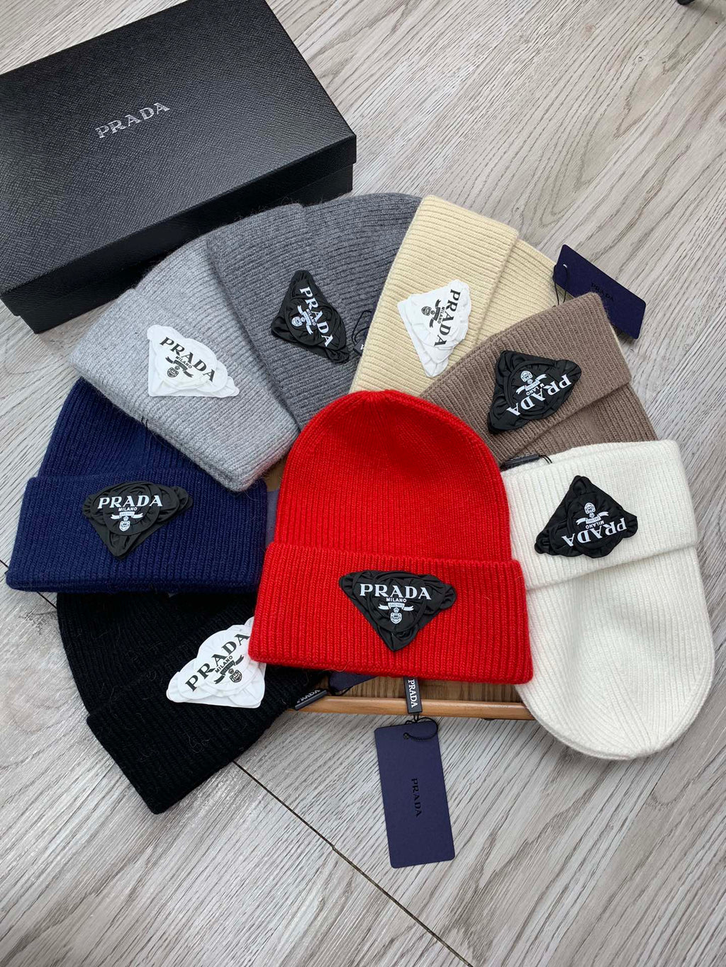 PRADA BEANIE HAT IN PALE GRAY WOOL 431360