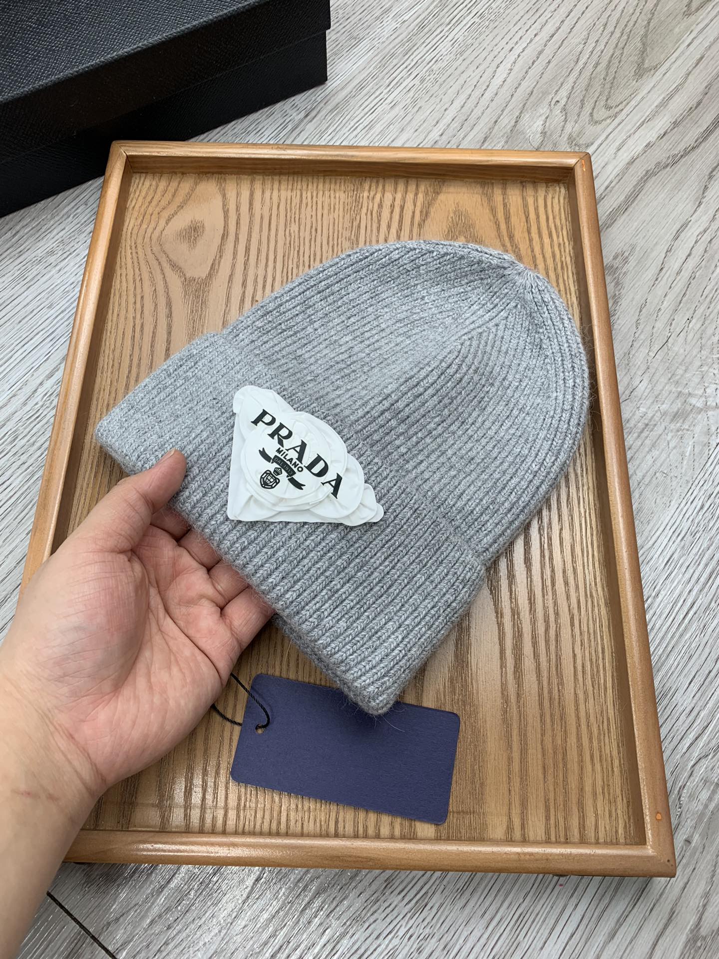 PRADA BEANIE HAT IN PALE GRAY WOOL 431360