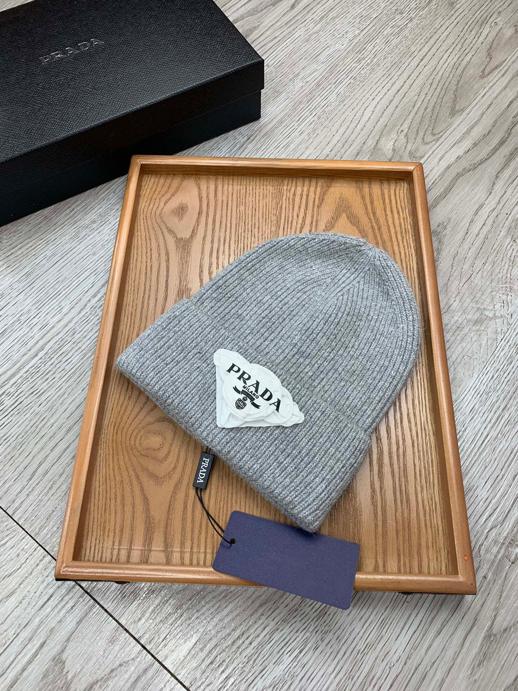 PRADA BEANIE HAT IN PALE GRAY WOOL 431360