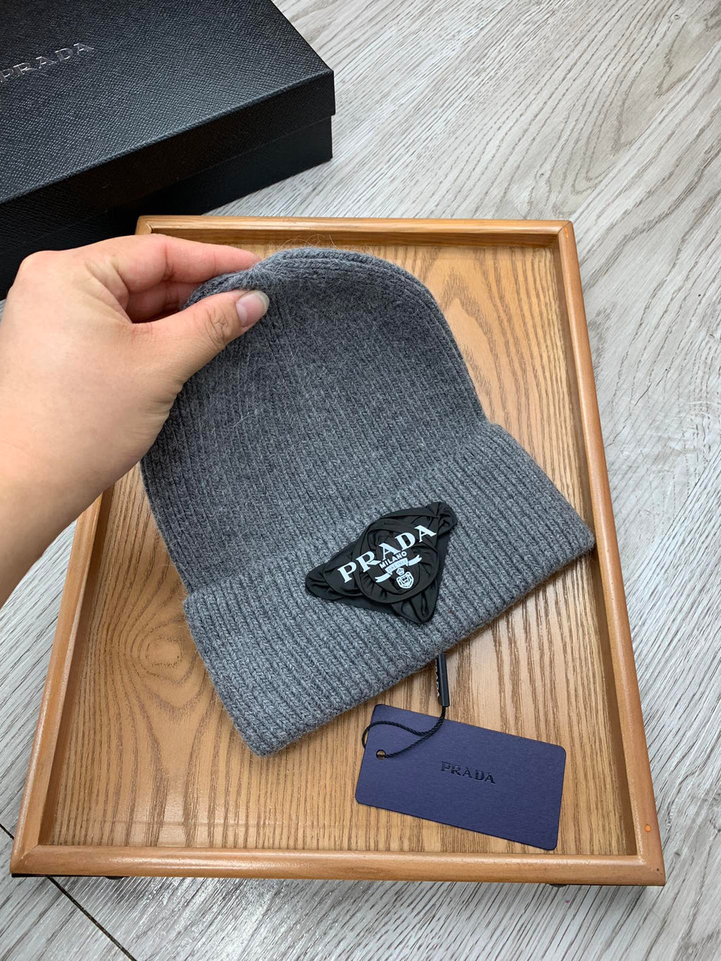 PRADA BEANIE HAT IN RHINO GRAY WOOL 431361