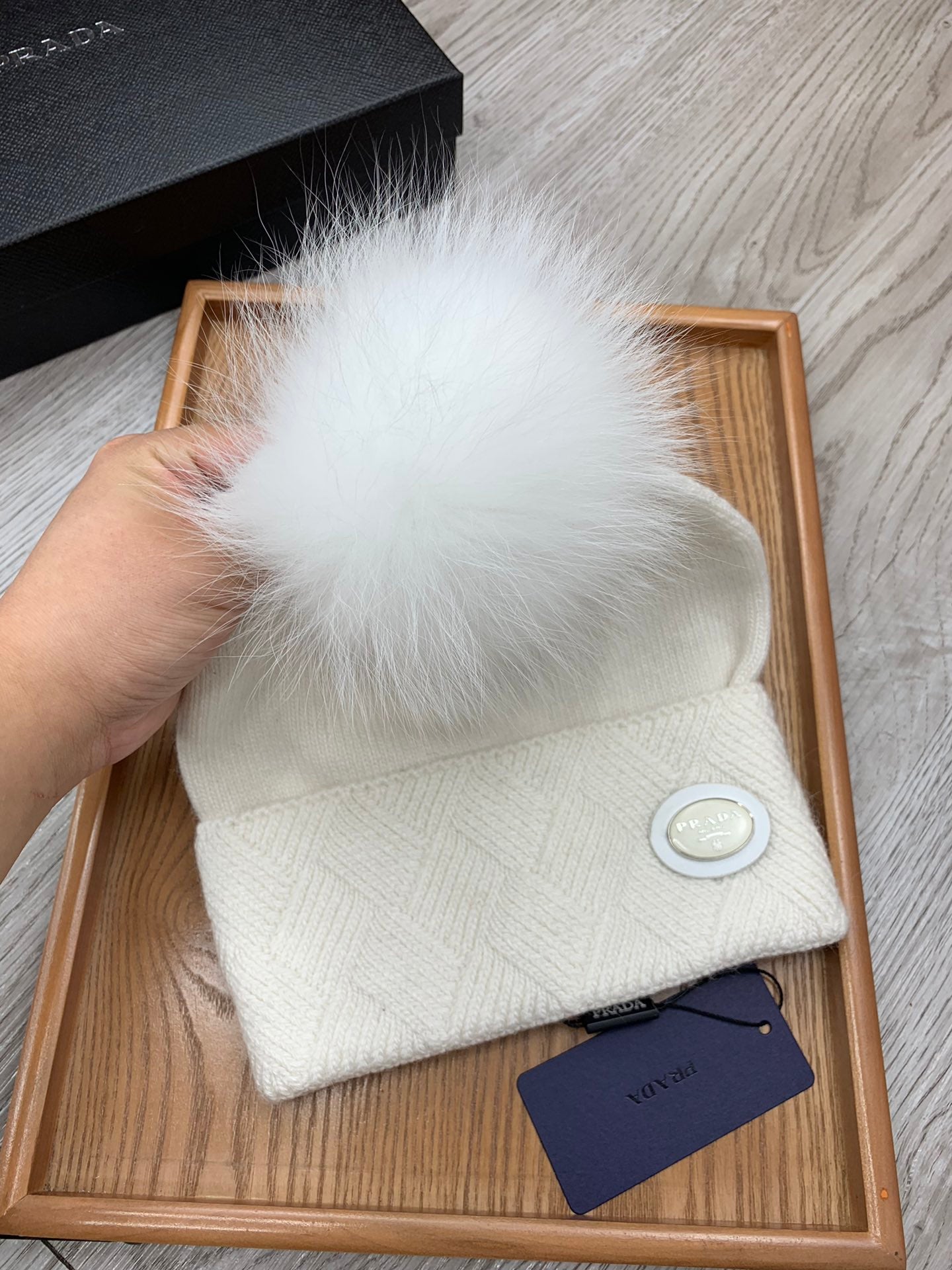 PRADA BEANIE HAT IN WHITE WOOL AND RABBIT FUR 346716