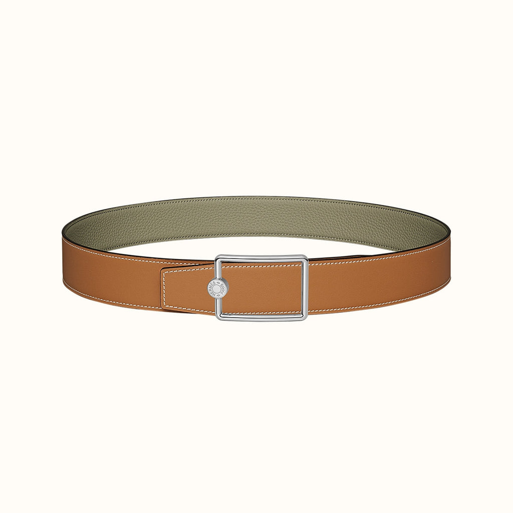 HERMES OSCAR BELT BUCKLE & REVERSIBLE KHAKI BROWN AND ORANGE LEATHER STRAP 38MM SILVER HARDWARE