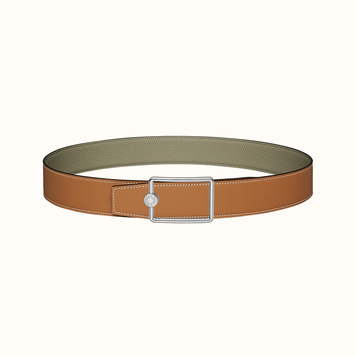 HERMES OSCAR BELT BUCKLE & REVERSIBLE KHAKI BROWN AND ORANGE LEATHER STRAP 38MM SILVER HARDWARE