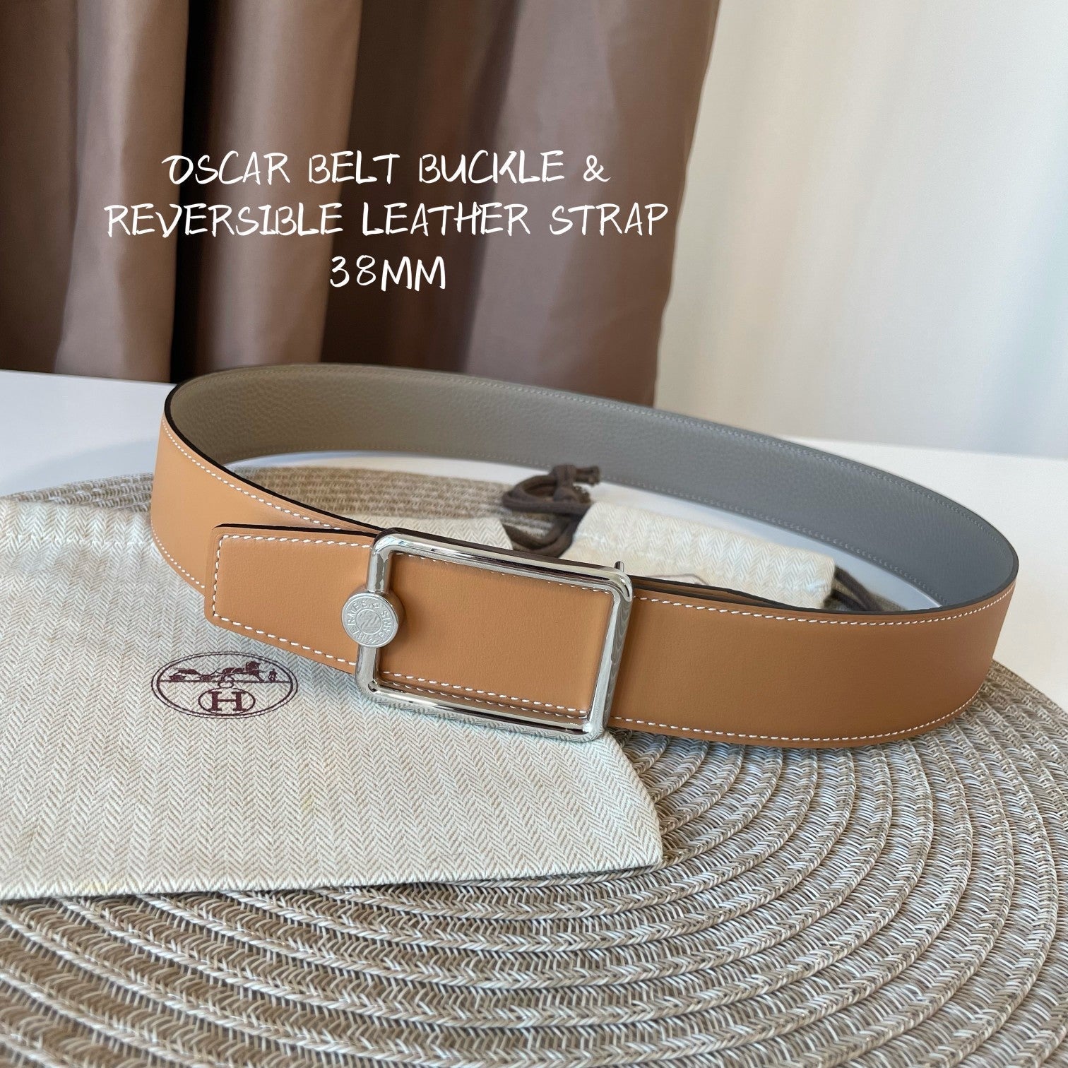 HERMES OSCAR BELT BUCKLE & REVERSIBLE KHAKI BROWN AND ORANGE LEATHER STRAP 38MM SILVER HARDWARE