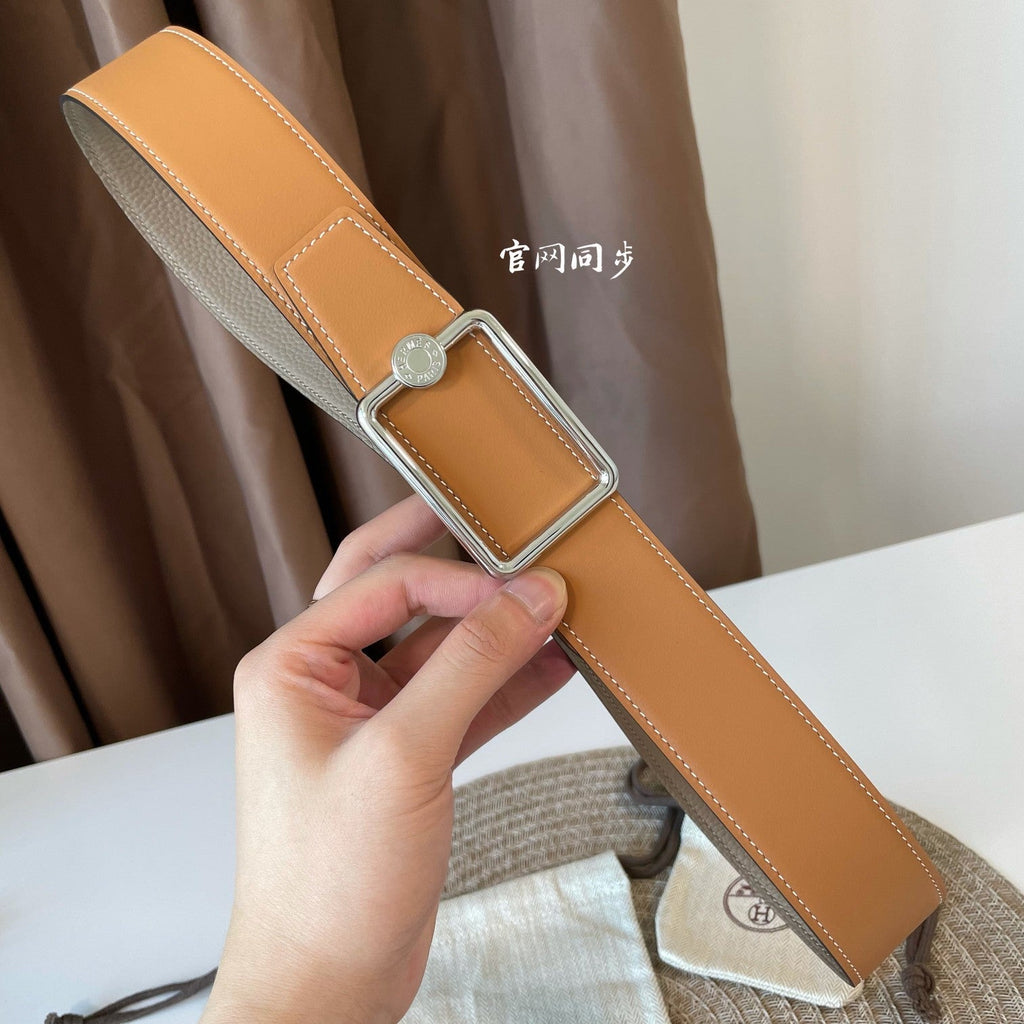 HERMES OSCAR BELT BUCKLE & REVERSIBLE KHAKI BROWN AND ORANGE LEATHER STRAP 38MM SILVER HARDWARE